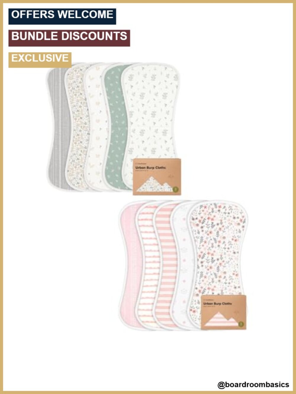 KeaBabies 5-Pack Super Absorbent Burp Cloths GOTS Certified Cotton Newborn